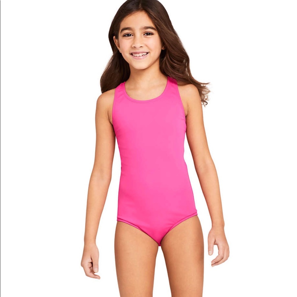 Lands End Girls Racerback swim Pink Hibscus